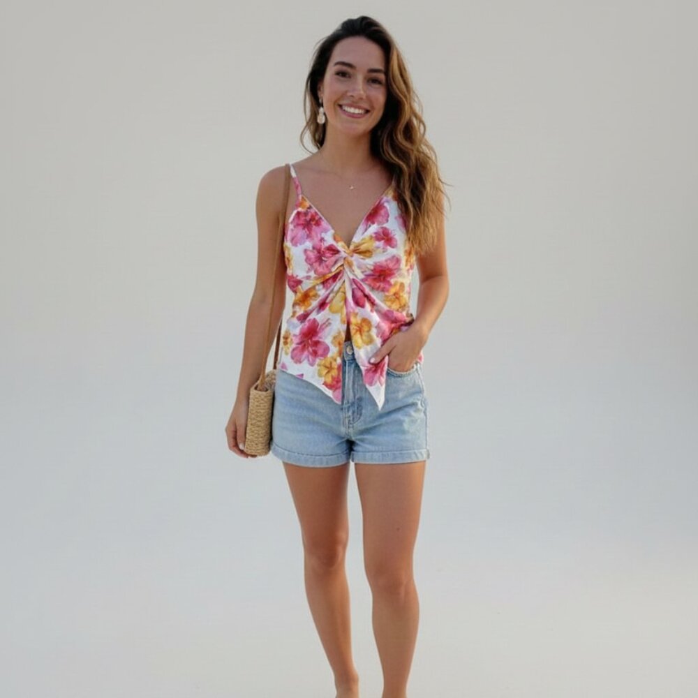 ⭐Y2K Tropical Print Handkerchief Hem Top Pink & Yellow Twist Front Large⭐
